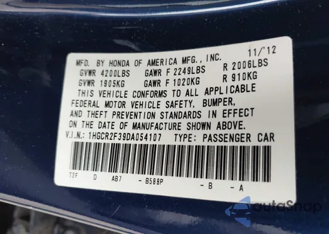 2013 Honda Accord Lx из США, поврежденный, VIN 1HGCR2F39DA054107